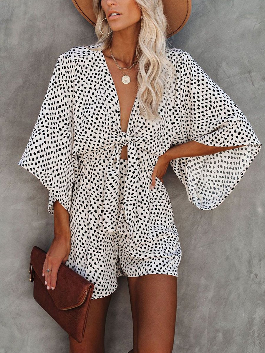 V-neck Leopard Print Batwing Sleeve Knotted Romper