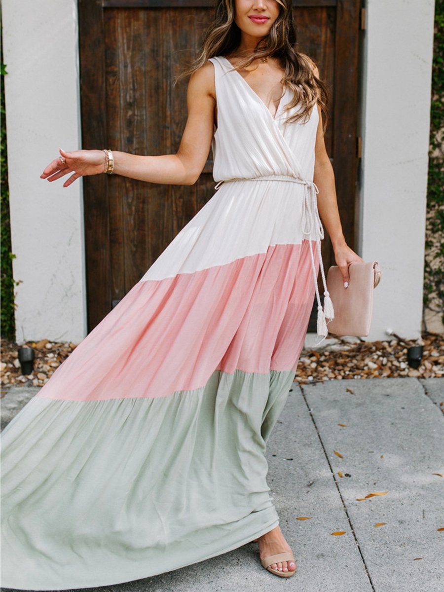 Elegant Color Contrast Backless Beach Dress