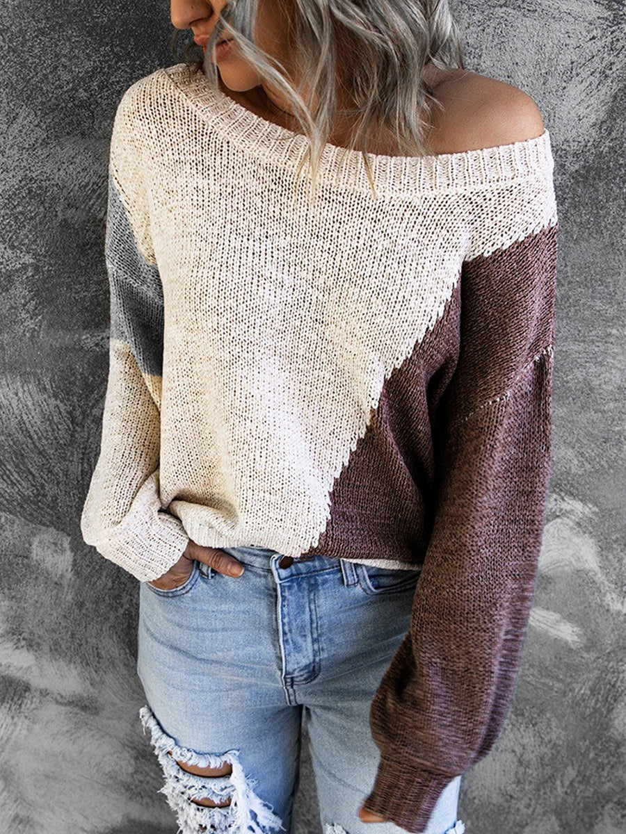 Irregular Color Block Off-shoulder Sweater