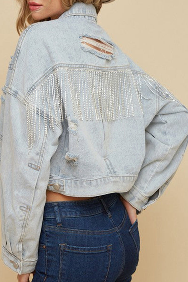 Ripped Rhinestone Fringed Denim Jacket