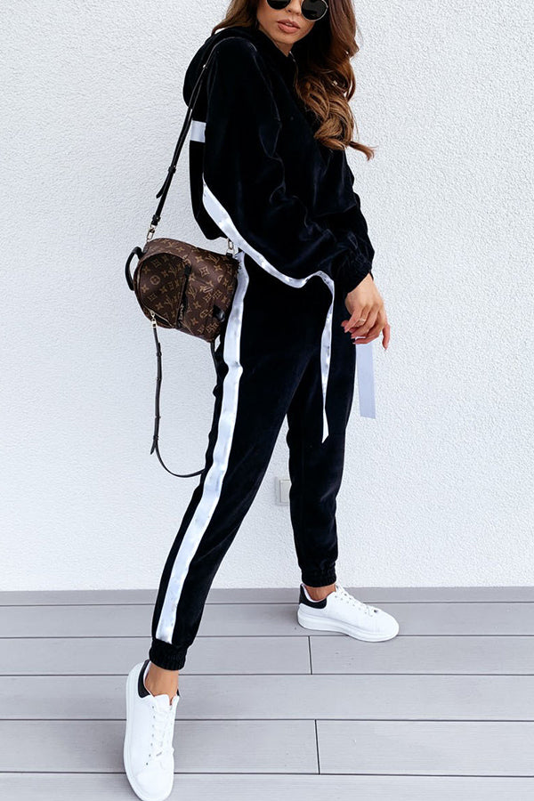 Pure Color Hooded Long-sleeved Gold Velvet Two-piece Suit