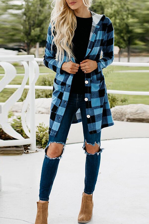 Hooded Plaid Long Sleeve Button Down Pocket Coat