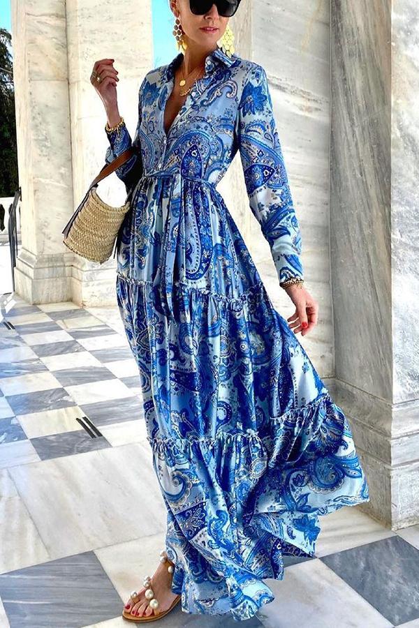 Retro Print Long Sleeve Shirt Dress