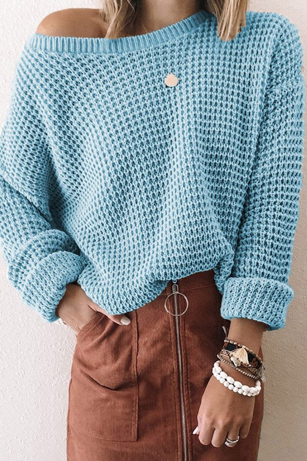 Solid Oblique Collar Eyelet Knit Sweater