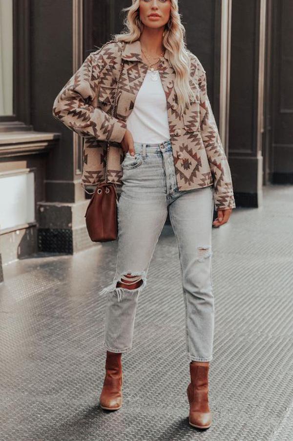 Loose Printed Brown Short Woolen Coat