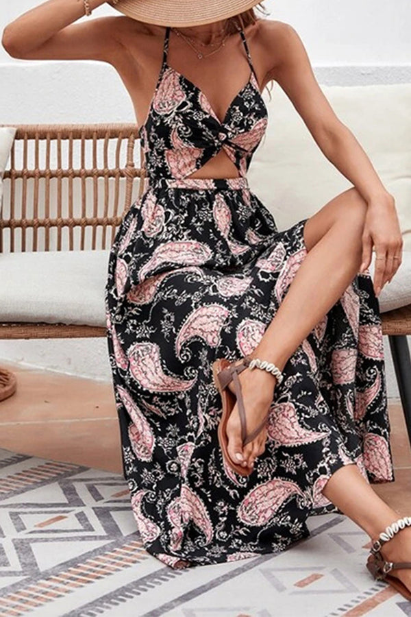 Paneled Beach Cutout Sling Maxi Dress