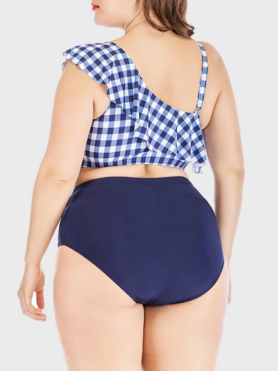 Plaid Print Flap Over Flounce Design BlueTankini