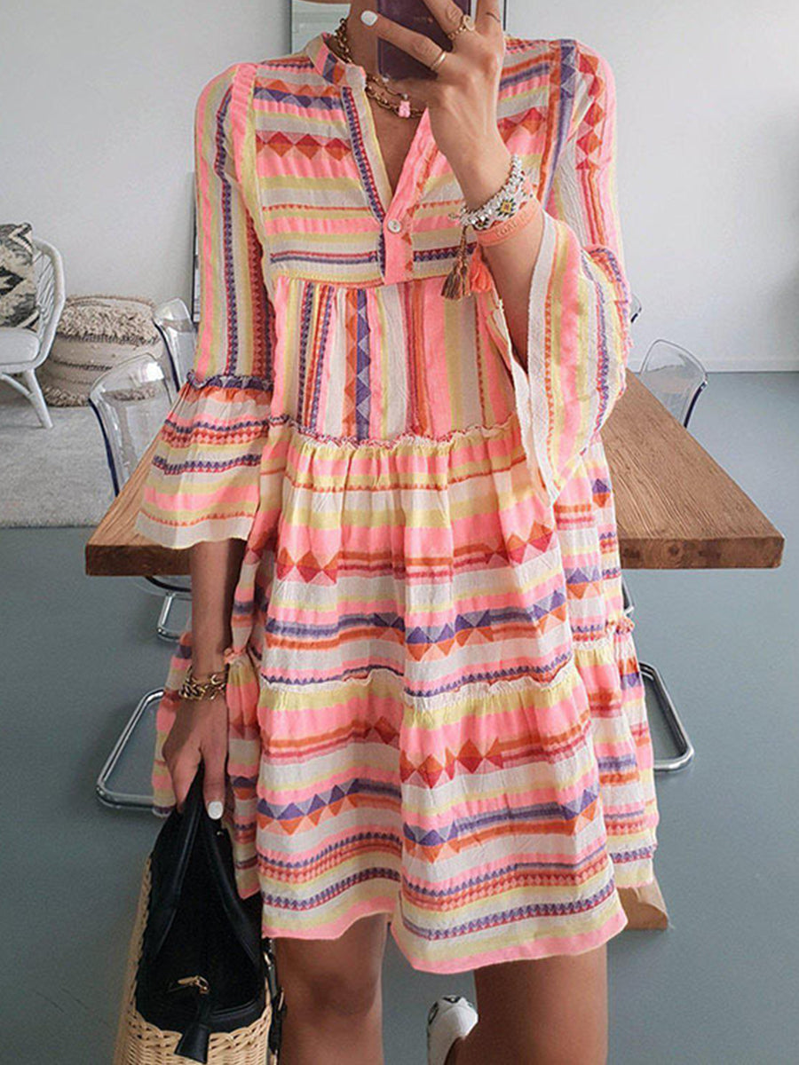 Striped Print Flare Sleeve Mini Dress