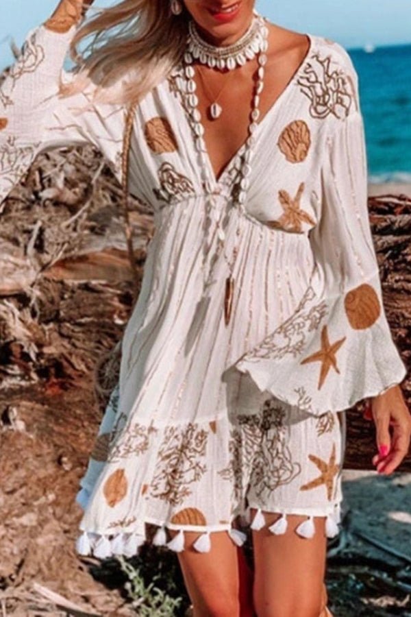 Deep V Neck Ruffle Sleeves Starfish Print Dress