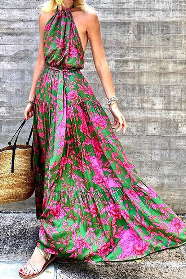 Halter-Neck Flower Print Maxi Dress