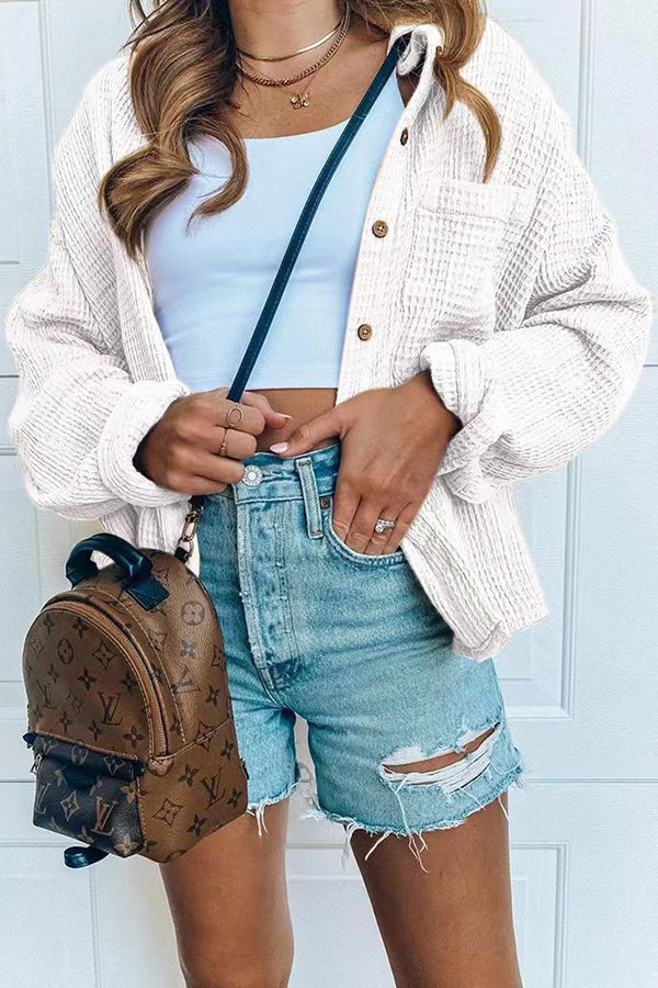 Solid Button Pocket Casual Shirt Waffle Jacket