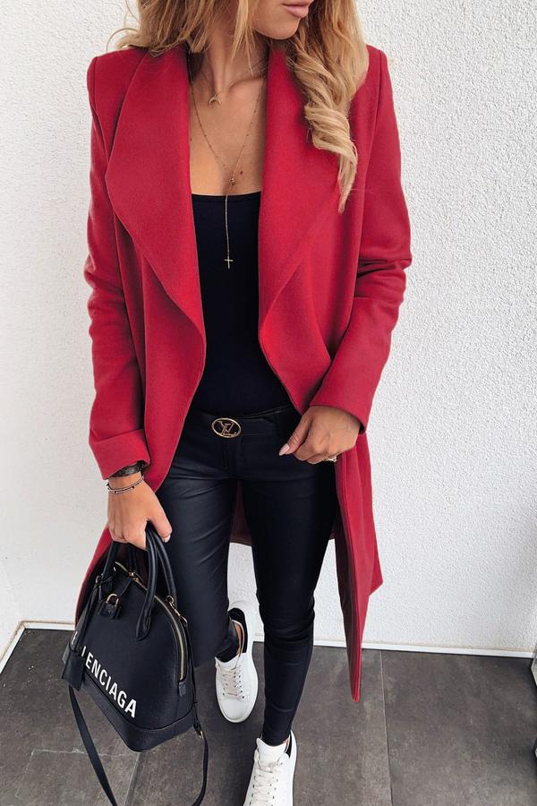 FASHION SOLID COLOR CASUAL TURNDOWN COLLAR LONG COAT