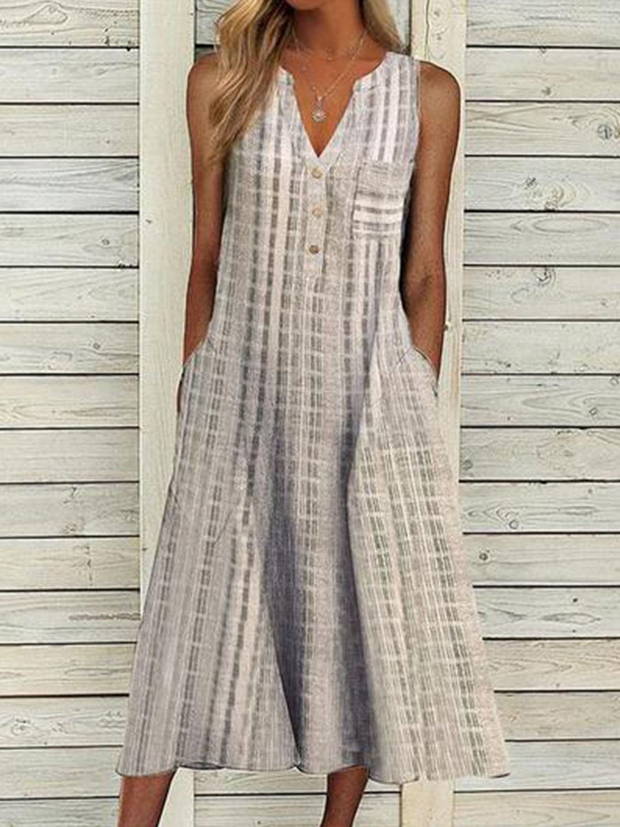 Print V-neck Sleeveless Pockets Midi Dress