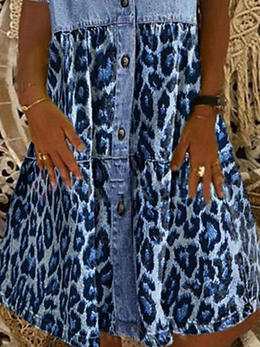 Shirt Collar Leopard Patchwork Dress