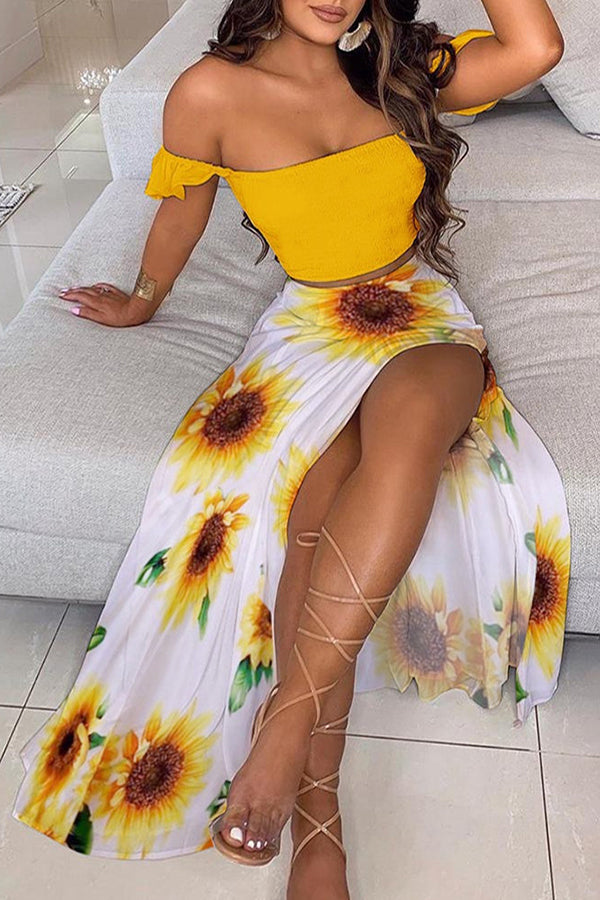 Off Shoulder Ombre Colorblock Top & High Slit Maxi Skirt Sets