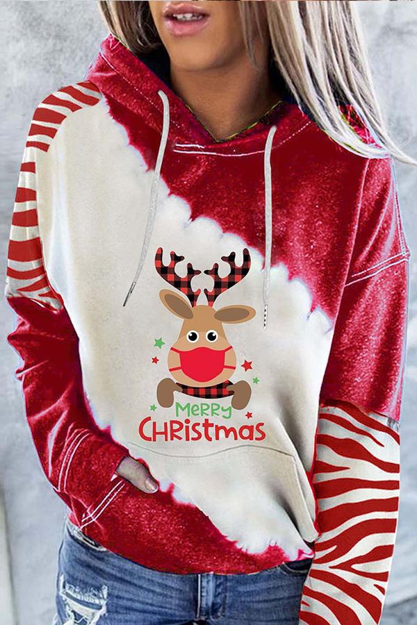 Santa Claus Print Color Block Hoodie (Red)