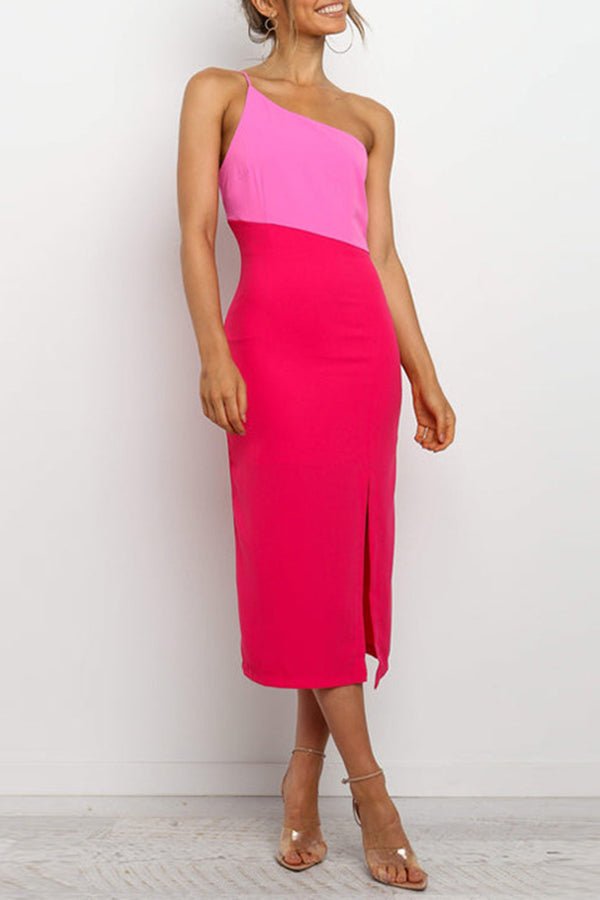 Temperament One-shoulder Contrast Color Slit Midi Dresse