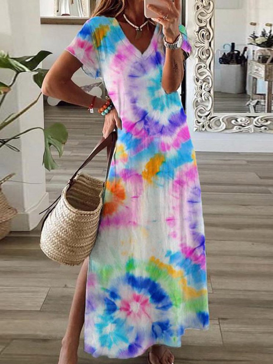 Trendy Tie Dye Print Thigh-High Side Slit Short Sleeve Maxi Dress