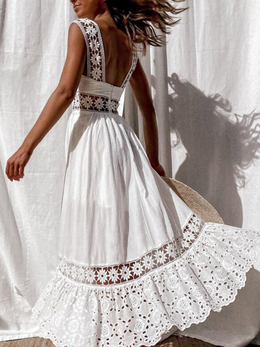 Solid Sleeveless Lace Hollow-out White Dress