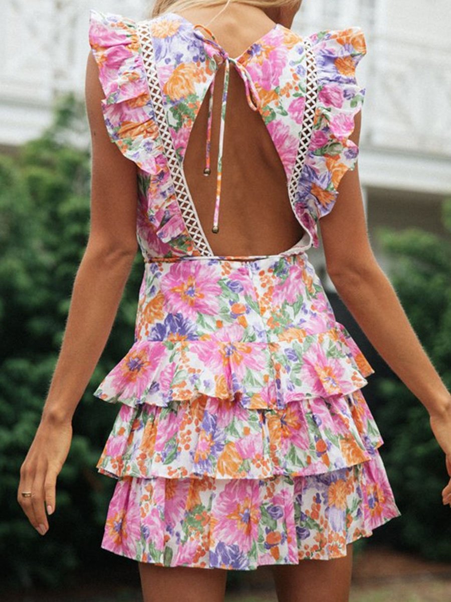 Women's Mini Dresses Ruffle Open-back A-line Floral Sleeveless Round Neck Daily Casual Mini Dress