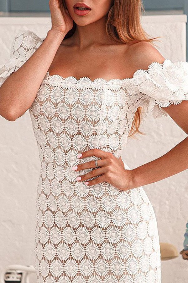 Temperament Square Collar Short Sleeve Lace Midi Dress