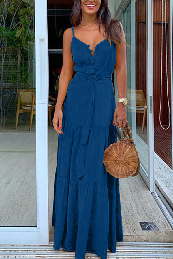 Sexy V-neck Stitching Suspender Dress with Personalized Buttons