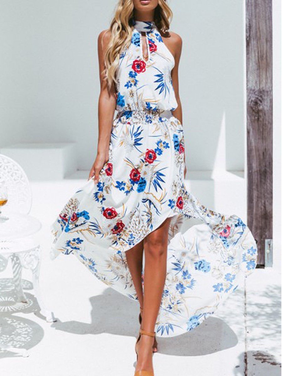Half-high Neck Cutout Asymmetrical Print Dress