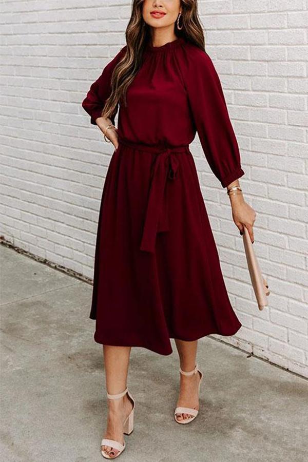 Solid Tie Waist Long Sleeve Swing Dress