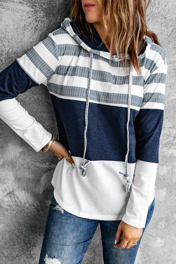 Color Block Striped Drawstring Hoodie