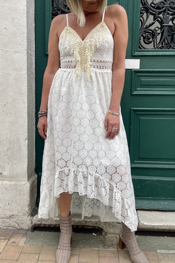 Lace Suspender Swing Solid Color Midi Dress