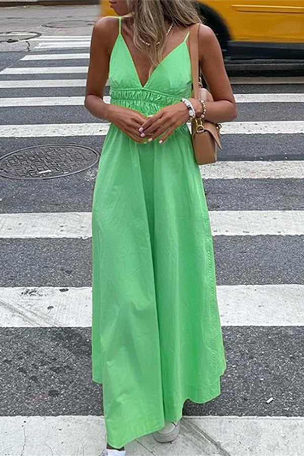 Women's V-neck Sling Solid Color High Waist Dress
