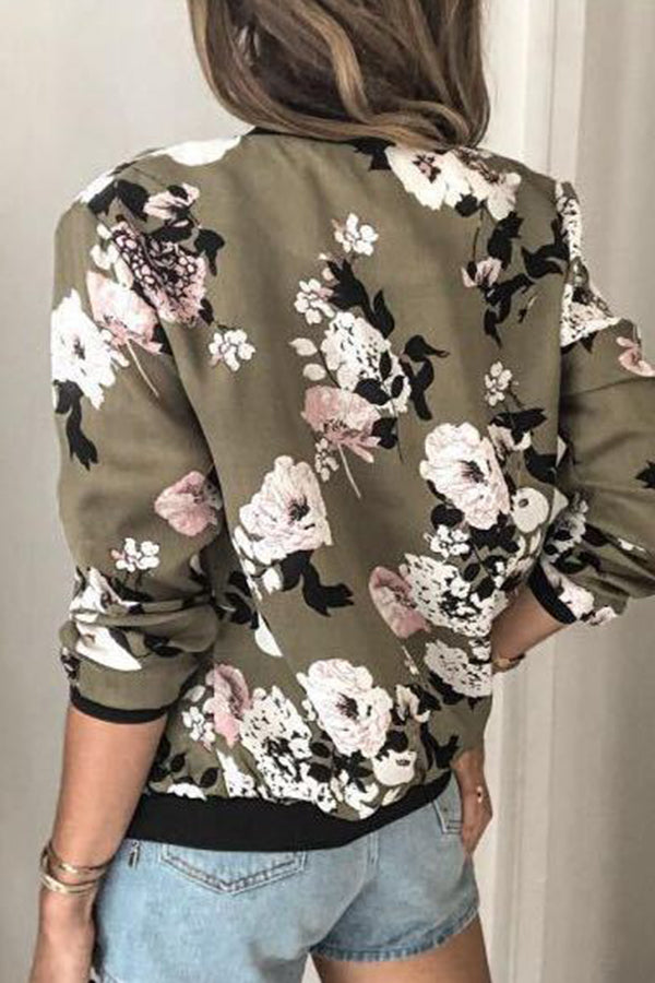 Round Neck Zipper Long Sleeve Printed Jacket