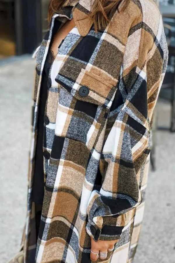 Lapel Plaid Coat Tops