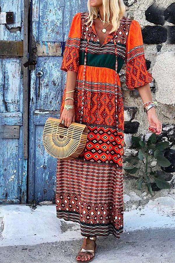 Fashion V-Neck Half-Sleeve Bohemian Print Maxi Dress