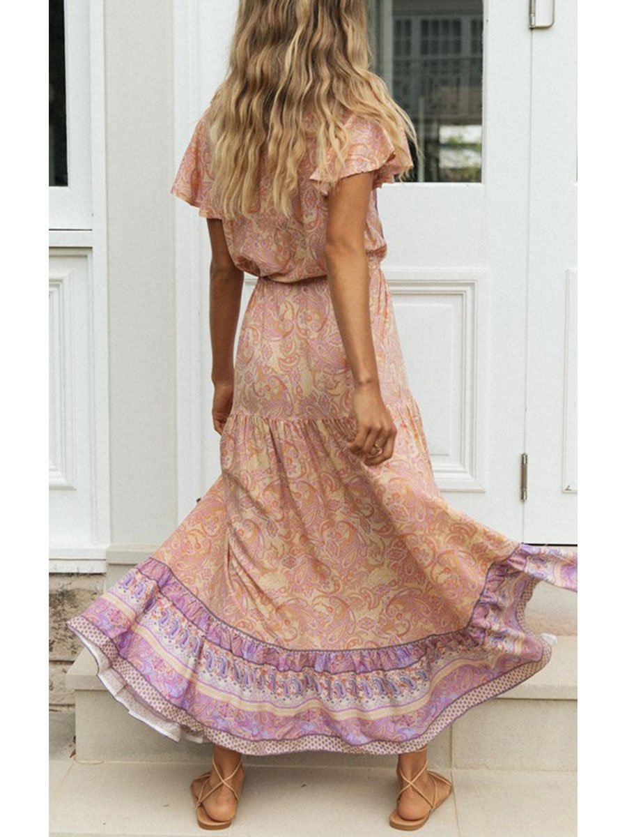 Women's Maxi Dresses Floral Short Sleeve A-line V Neck Button Belt Boho Daily Maxi Dress