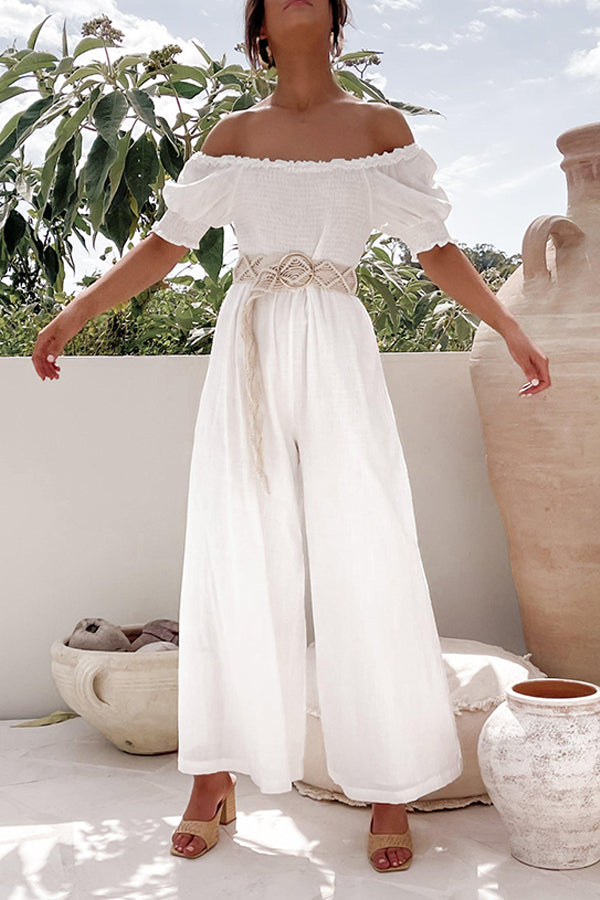 White One-piece with A One-line Collar and Bubble Sleeves