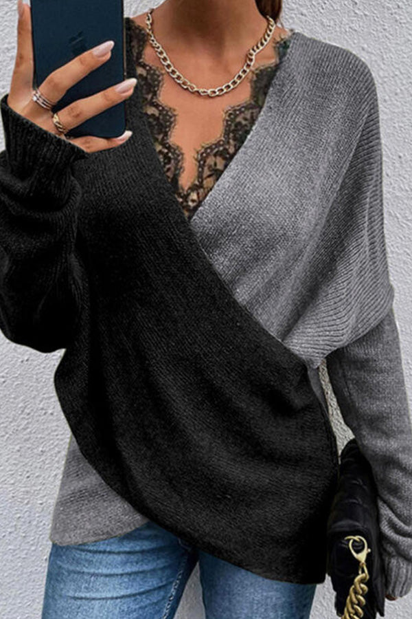 Color Block Lace V-Neck Sweaters