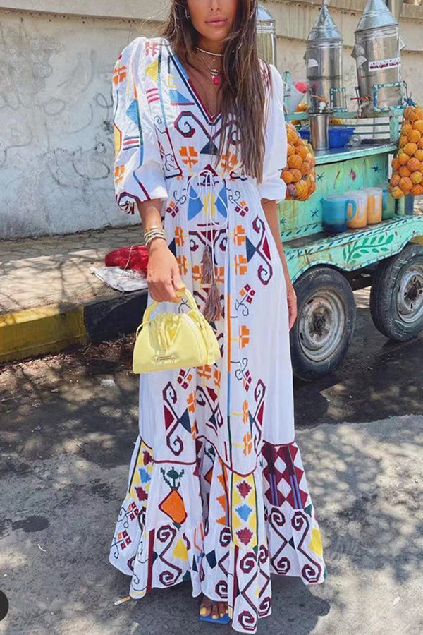 Floral Pattern V-Neck 3/4 Sleeve Chiffon Dress