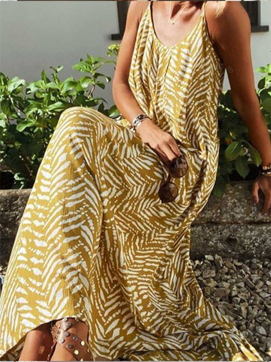 Stylish Spaghetti Straps U-Collar Printed Maxi Dress