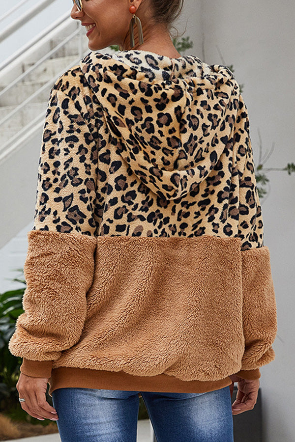 Leopard Patchwork Hooded Plush Coat