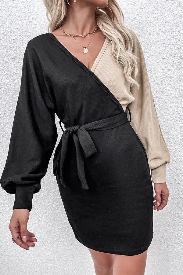 Stitching V-neck Long-sleeved Waist Dress