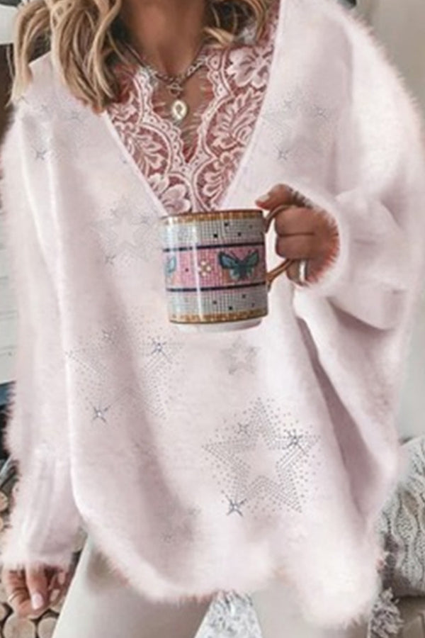 V-Neckline Geometric Sweater Lace Shift Sweaters