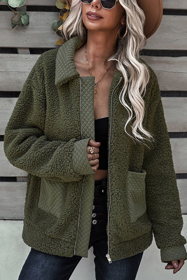 Long Sleeve Pocket Detail Zip Up Teddy Coat