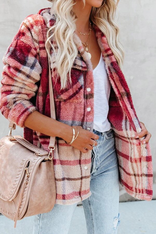 Velvet Plaid Lapel Button Front Pocket Shacket