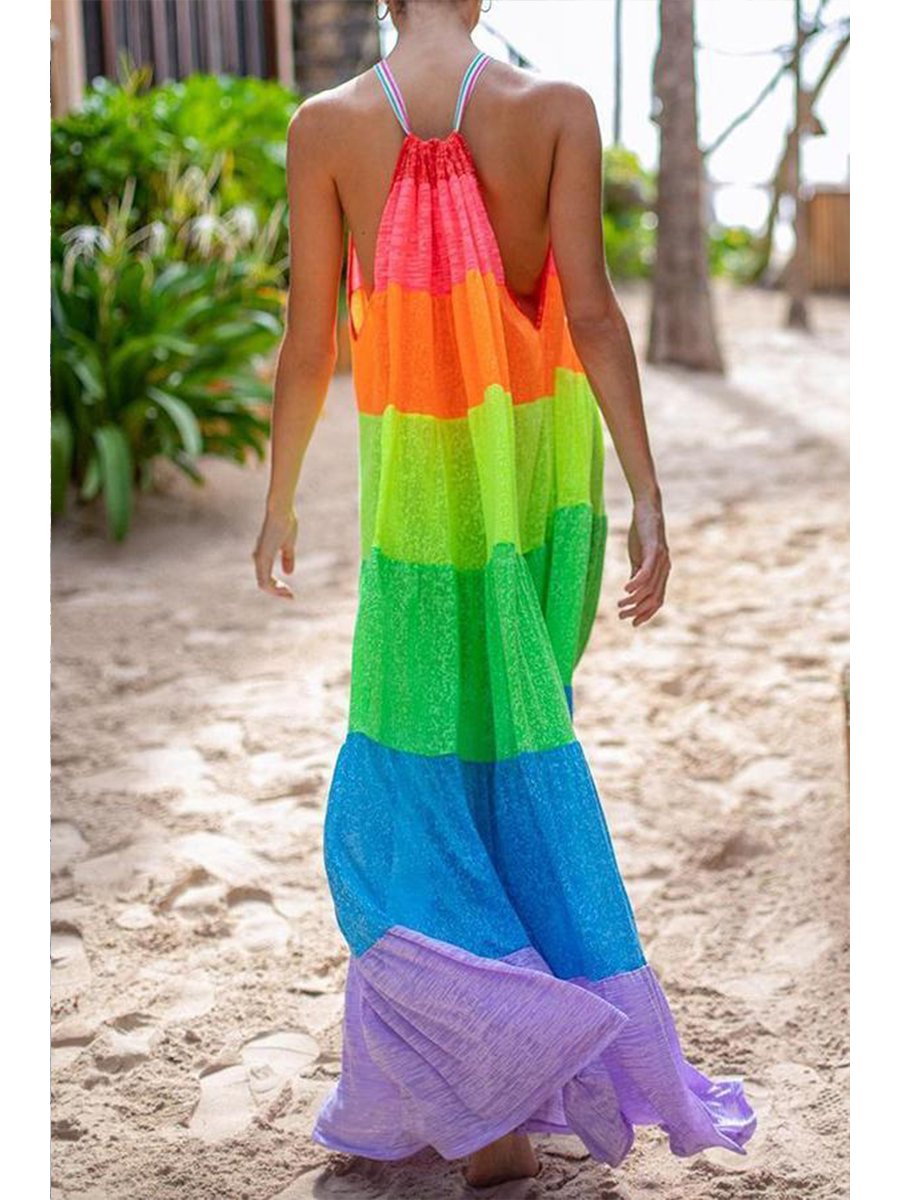 Gorgeous Rainbow Stitching Maxi Dress