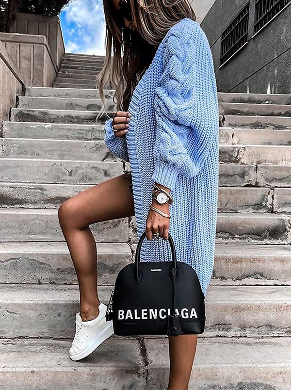 Solid Color Long Lantern Sleeve Knitted Twist Cardigan