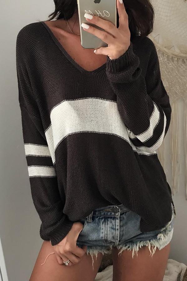V-neck Striped Color Block Sweater