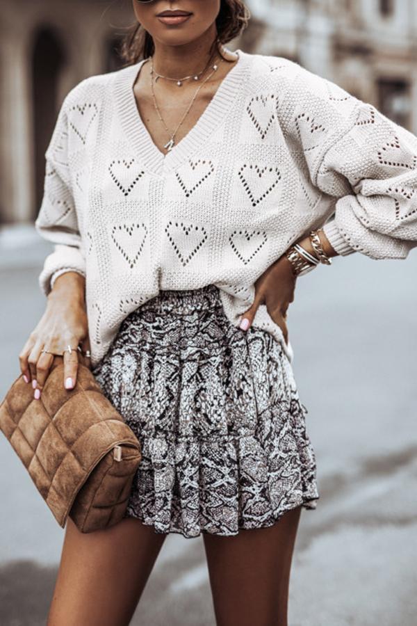 V-neck Heart-shaped Hollow Loose Knit Sweater