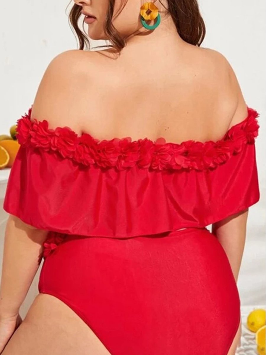 Sweet Off The Shoulder Floral Decoration Ruffle Design Black Tankini