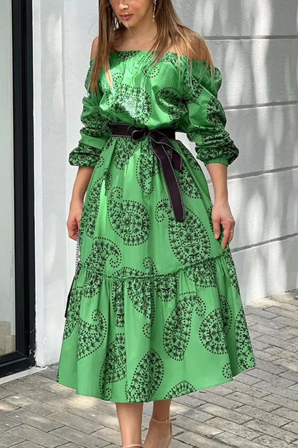 Dynamic Love Printed Off The Shoulder Midi Dress